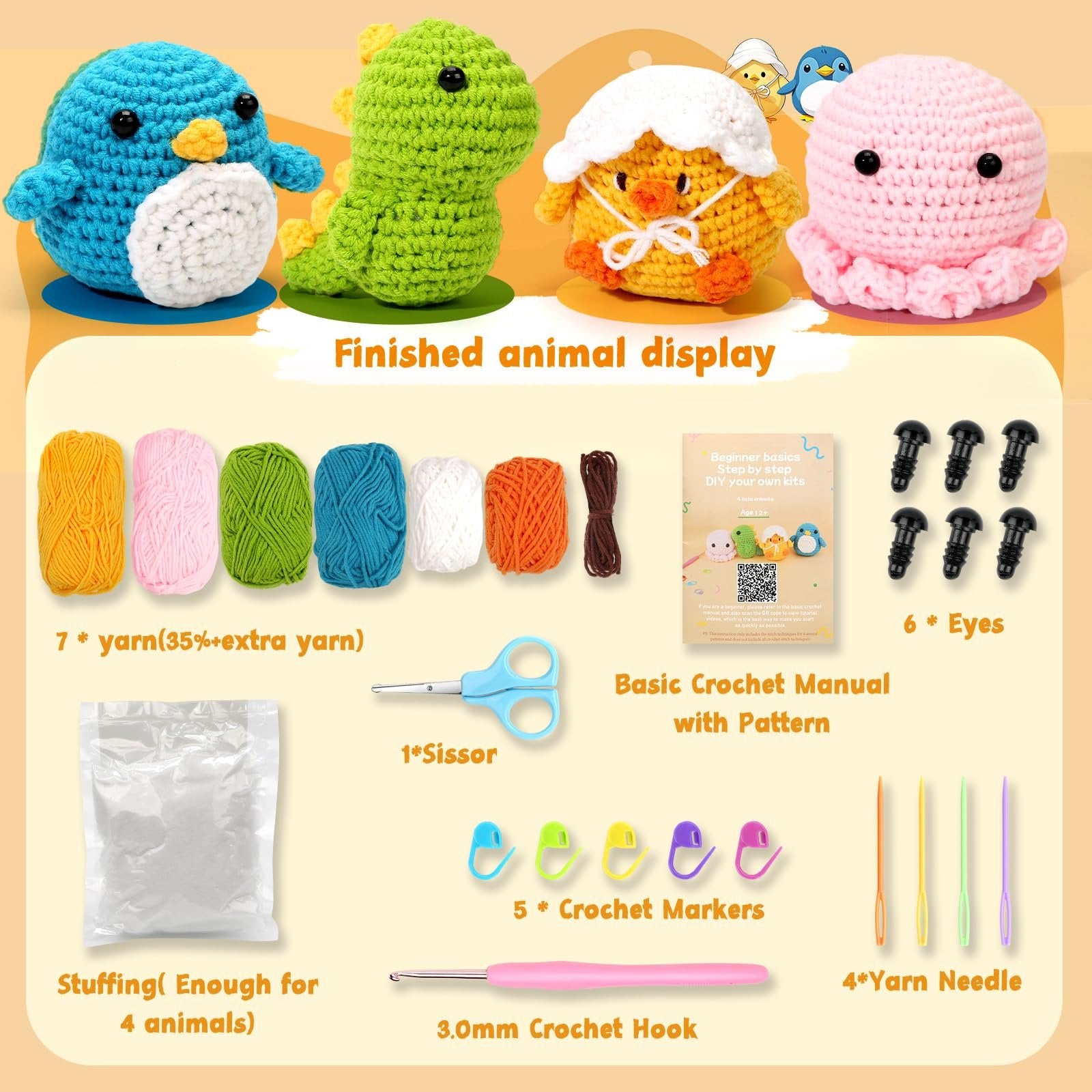 Crochet kit contents including yarn, stuffing, scissors, crochet hook, yarn needles, stitch markers, and eyes, with finished animal examples.