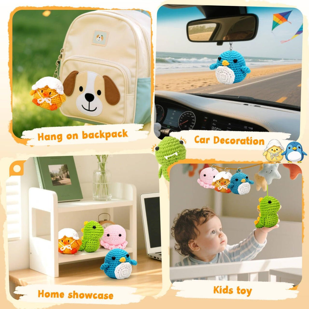 Collage of crochet animal crafts: hanging on a backpack, car decoration, home showcase, and a baby playing with them.