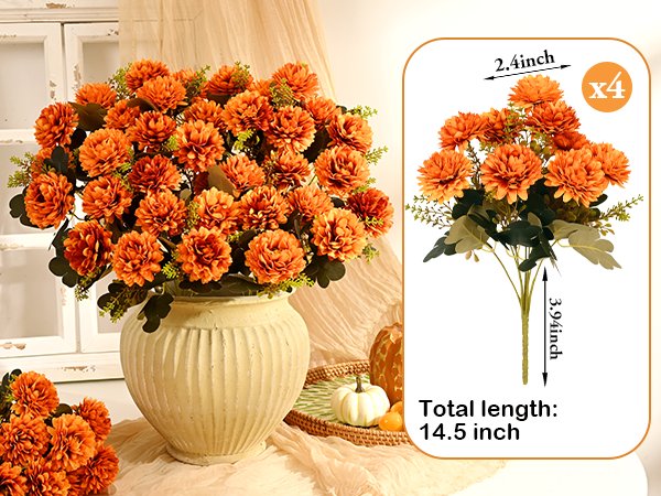 Artificial orange mums in a vase with decorative pumpkins and a smaller bouquet, with an inset showing dimensions and quantity.
