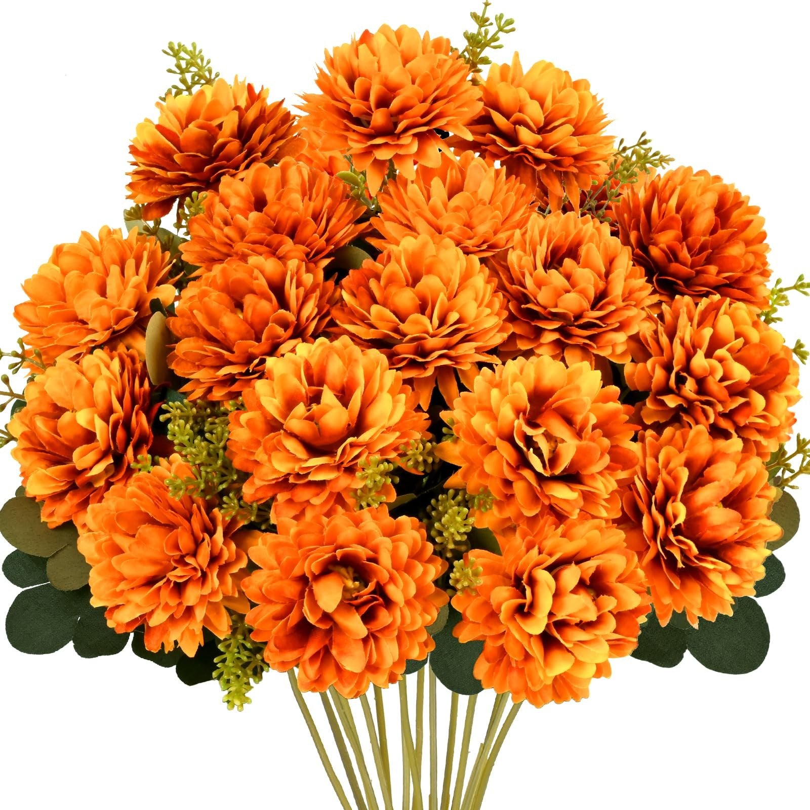 Bouquet of 36 orange artificial mums with green leaves and stems, presented against a white background.