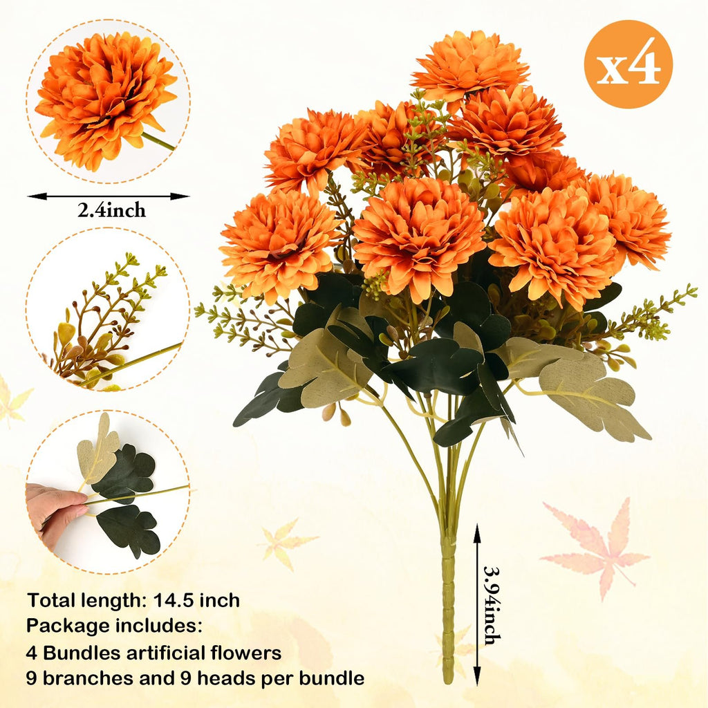 Orange artificial chrysanthemum flowers with green leaves and stems, showing dimensions and package contents.
