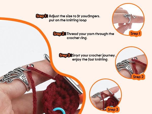 Close-up of a finger wearing an adjustable knitting crochet loop ring, demonstrating its use with yarn and a crochet hook.