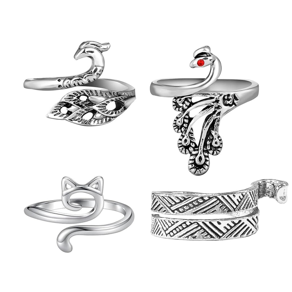 Four adjustable knitting crochet loop rings in silver: peacock, cat, and two patterned designs.