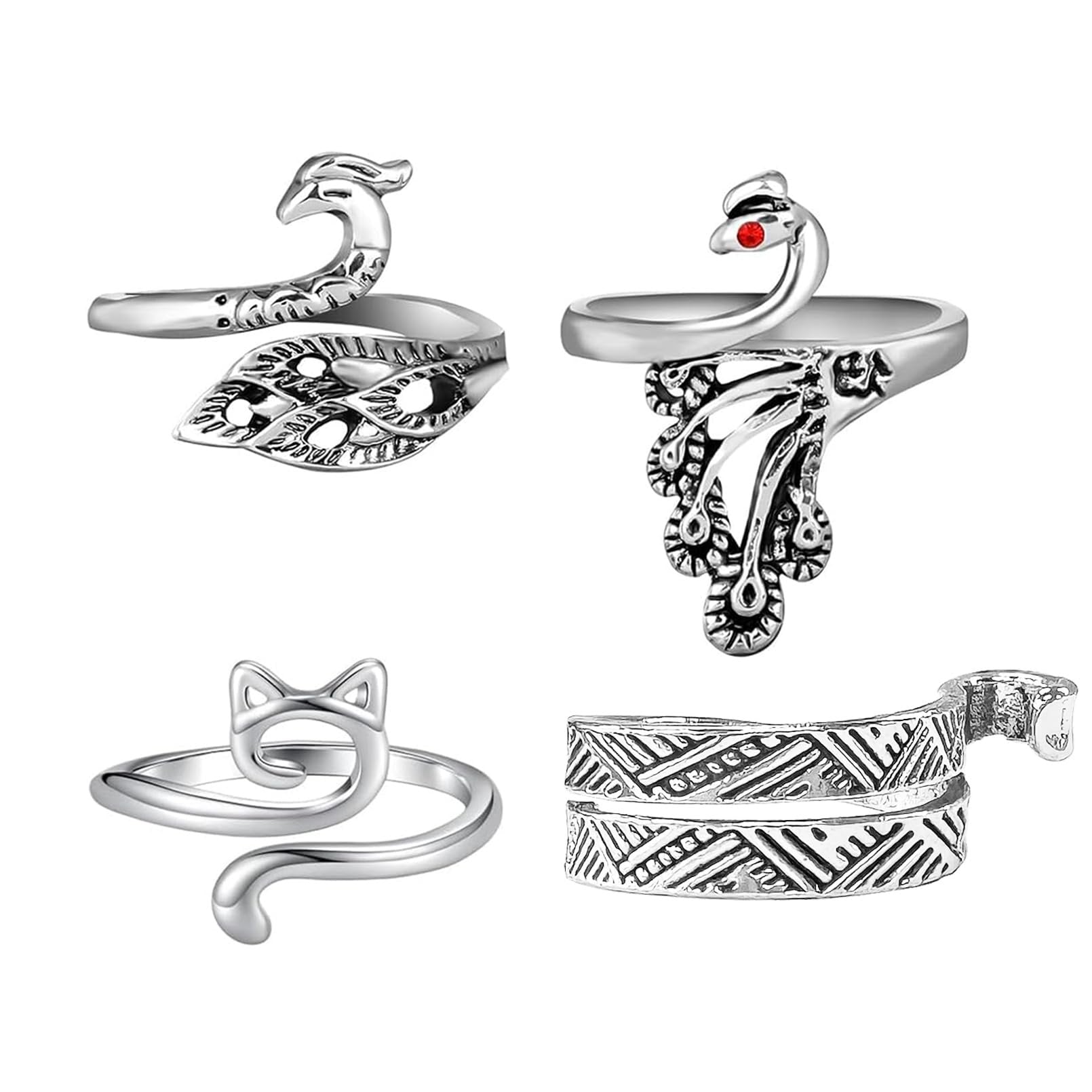 Four adjustable knitting crochet loop rings in silver: peacock, cat, and two patterned designs.