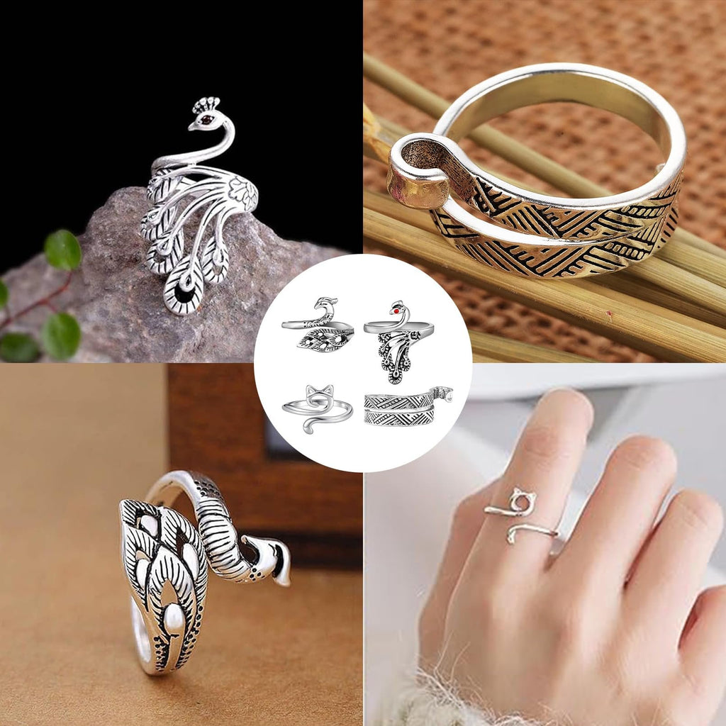 Four adjustable knitting crochet loop rings in peacock, cat, and abstract designs, shown on fingers and as product shots.