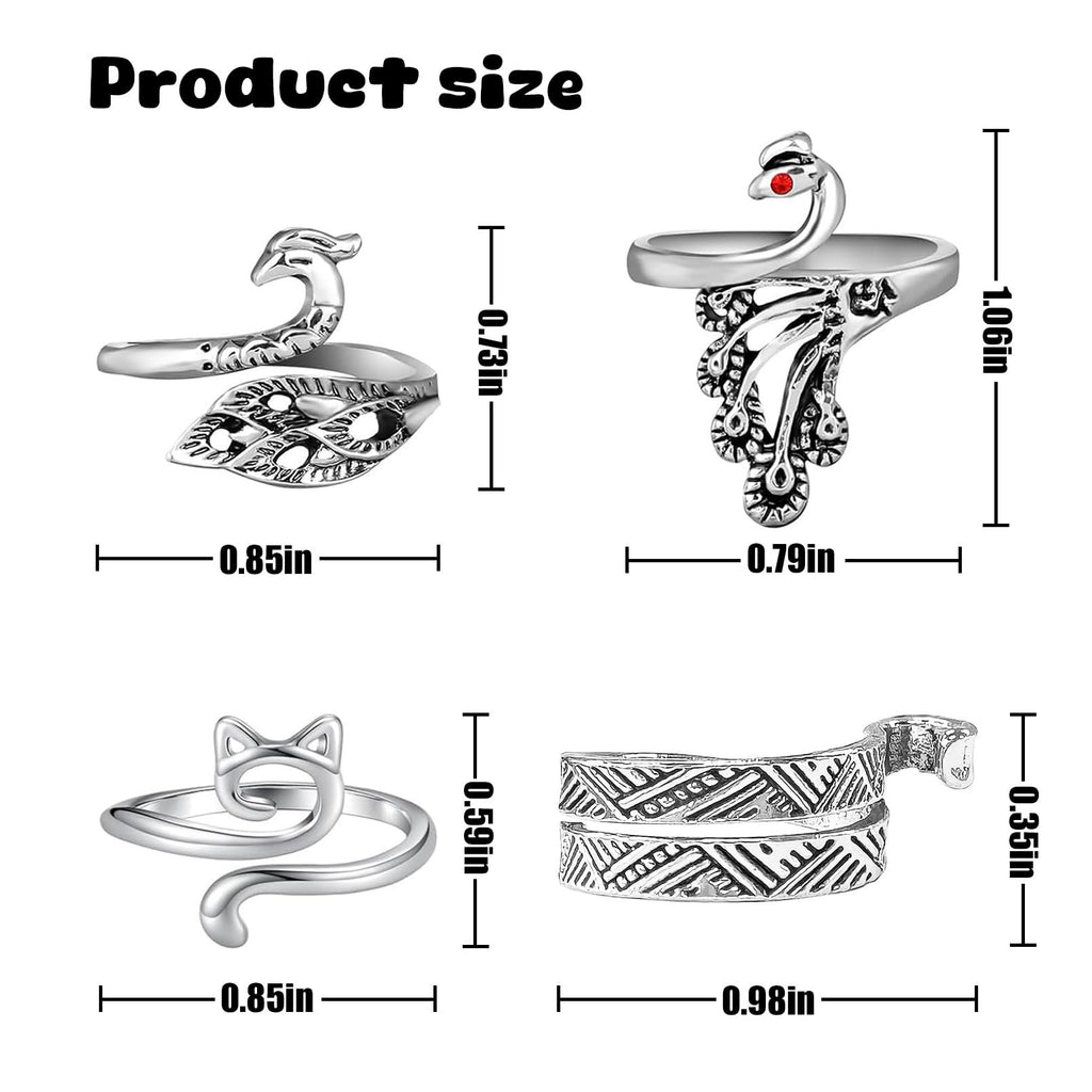 Four adjustable knitting crochet loop rings in peacock and cat designs with size dimensions shown.