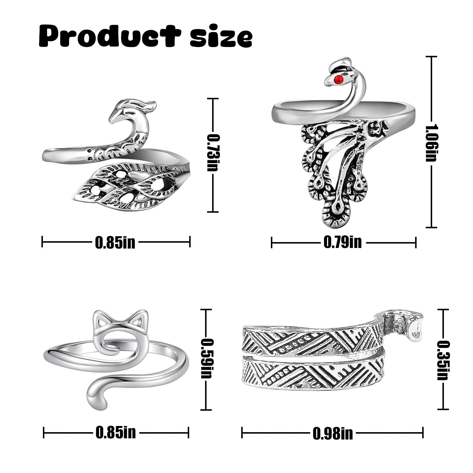 Four adjustable knitting crochet loop rings in peacock and cat designs with size dimensions shown.