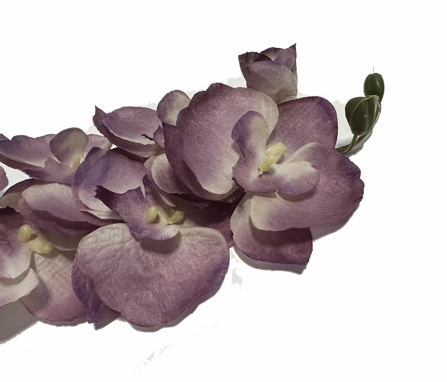 Purple artificial phalaenopsis orchid stems with buds on a white background