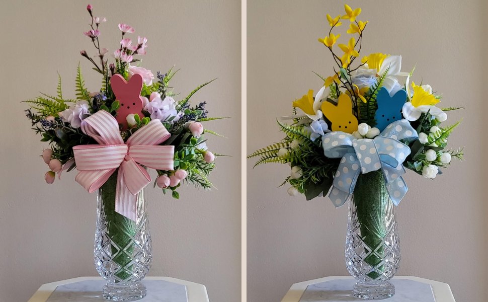 Two Easter bunny floral arrangements in crystal vases, one pink and one blue, with pastel flowers and greenery.