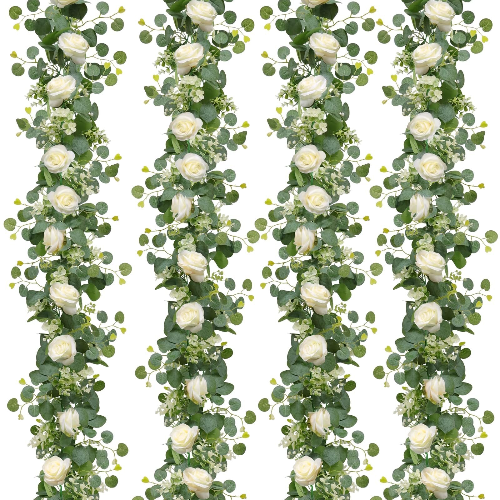 Four artificial eucalyptus and white rose garlands arranged vertically on a white background.