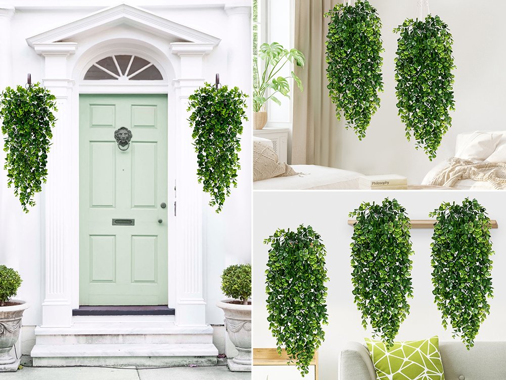 Four artificial hanging eucalyptus plants displayed in different settings: by a light green front door, indoors near a window, and on a shelf above a sofa.