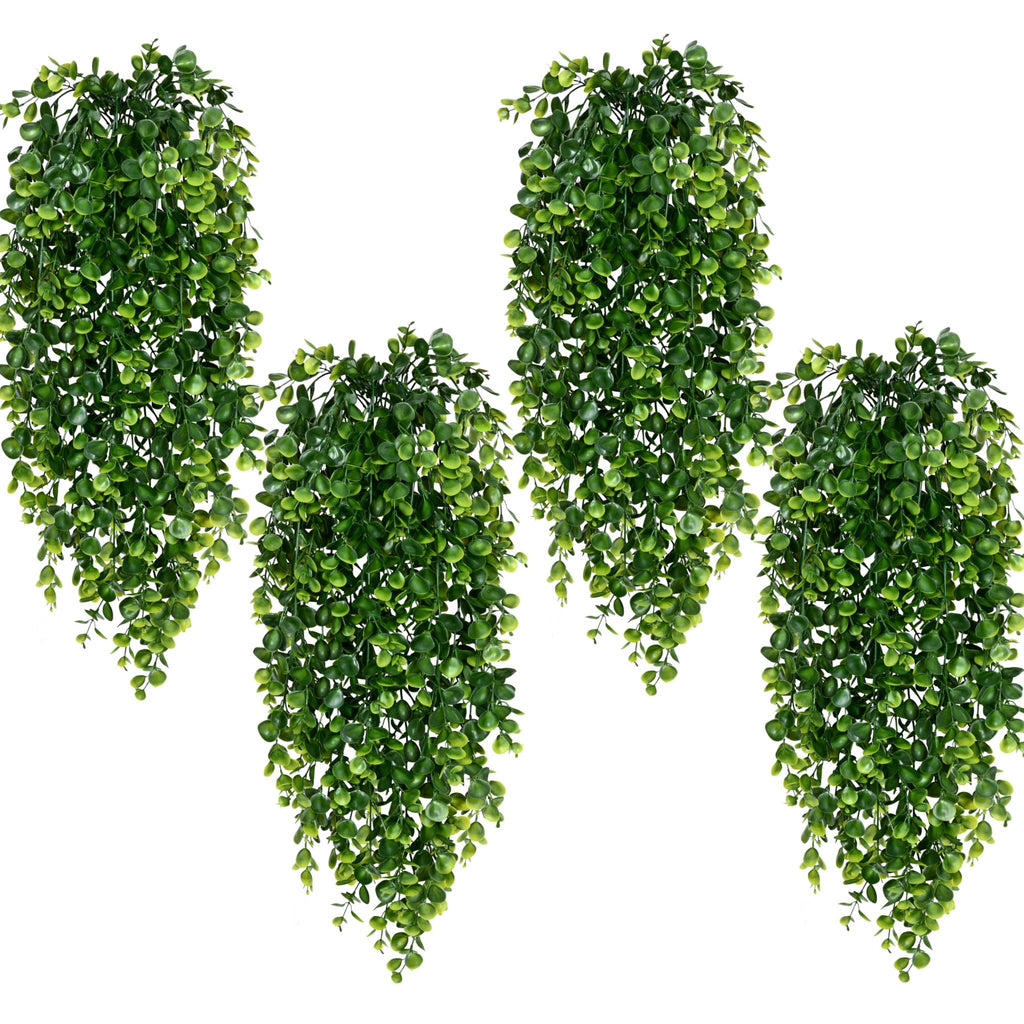 Four artificial hanging eucalyptus plants with green leaves cascading down against a white background.