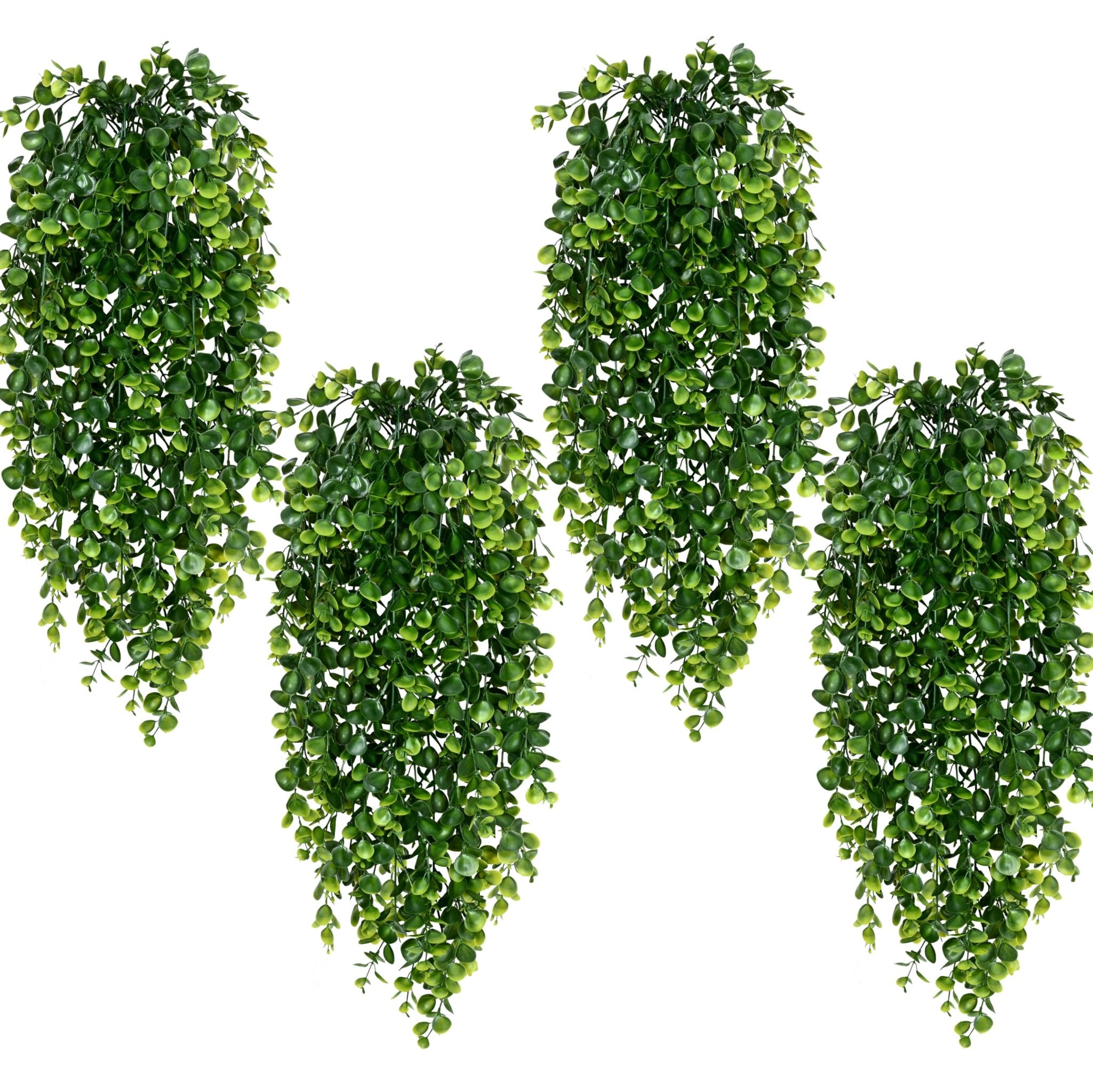 Four artificial hanging eucalyptus plants with green leaves cascading down against a white background.