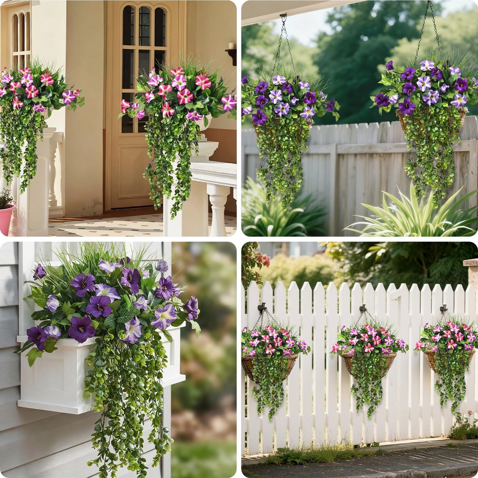 Collage of four hanging artificial eucalyptus plants with pink and purple flowers, displayed on a porch, hanging from a porch ceiling, in a window box, and on a white picket fence.