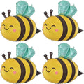 Four cute bee-shaped foil balloons with black stripes and green wings, arranged in a 2x2 grid on a white background.