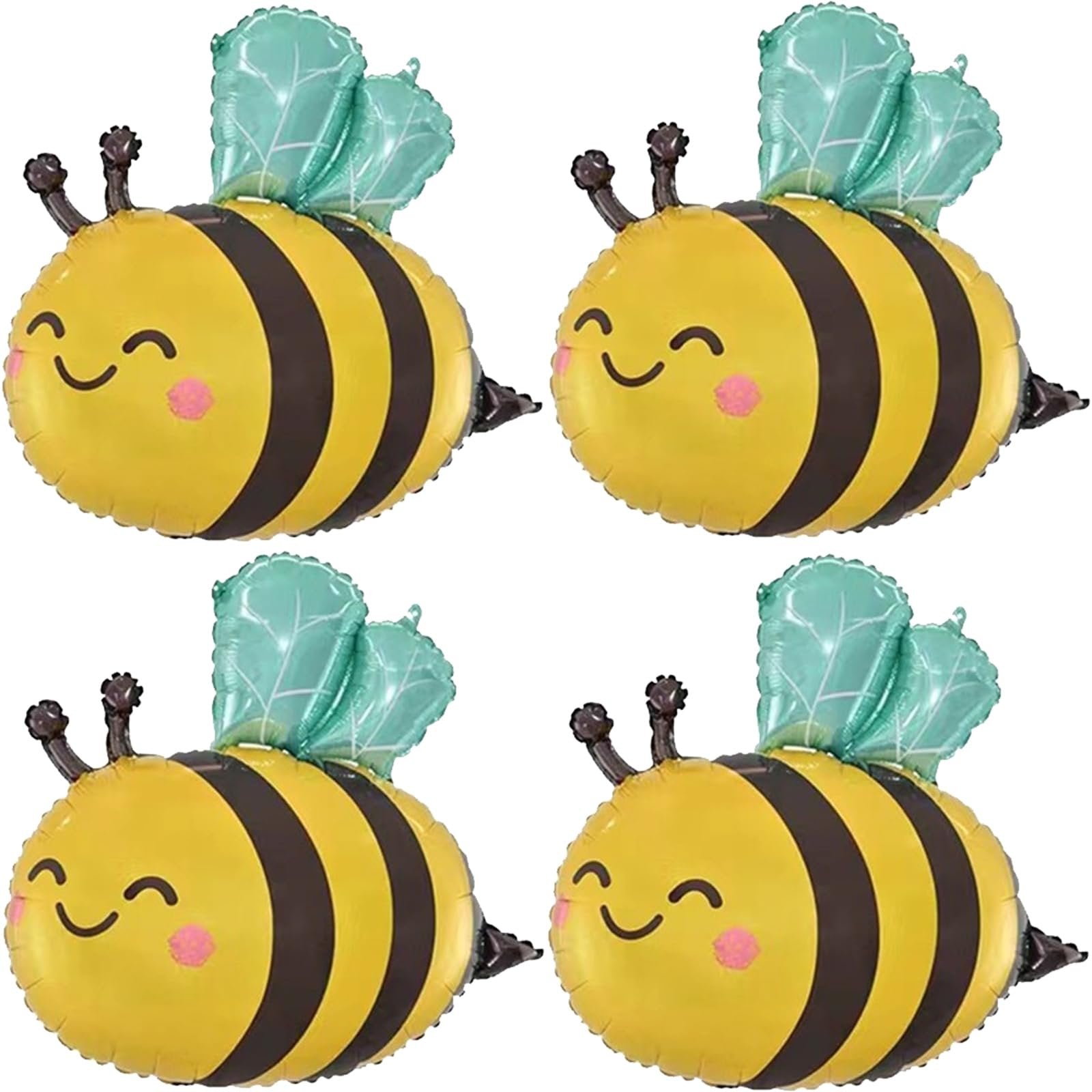 Four cute bee-shaped foil balloons with black stripes and green wings, arranged in a 2x2 grid on a white background.