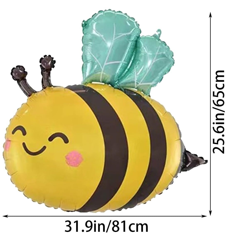 Cute bee-shaped foil balloon with black stripes and green wings, showing dimensions 31.9in/81cm wide and 25.6in/65cm tall.