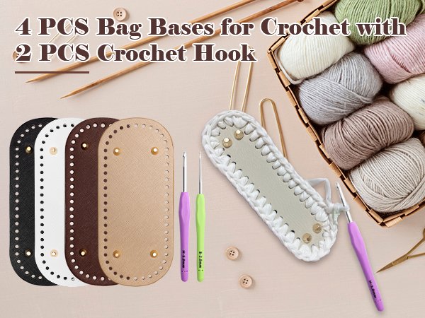 Four oval PU leather bag bases in black, white, brown, and tan, with two crochet hooks and a basket of yarn.