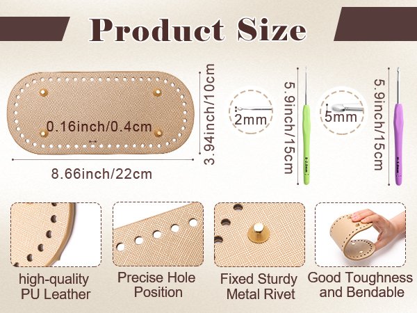 Product size diagram showing oval PU leather bag bases and crochet hooks with dimensions.