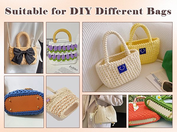 Collage of DIY crochet bags and bag bases, showing various styles and colors.