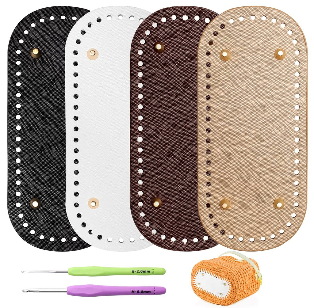 Four oval PU leather bag bases in black, white, brown, and tan, with two crochet hooks and a small orange crocheted bag.