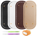 Four oval PU leather bag bases in black, white, brown, and tan, with two crochet hooks and a small orange crocheted bag.