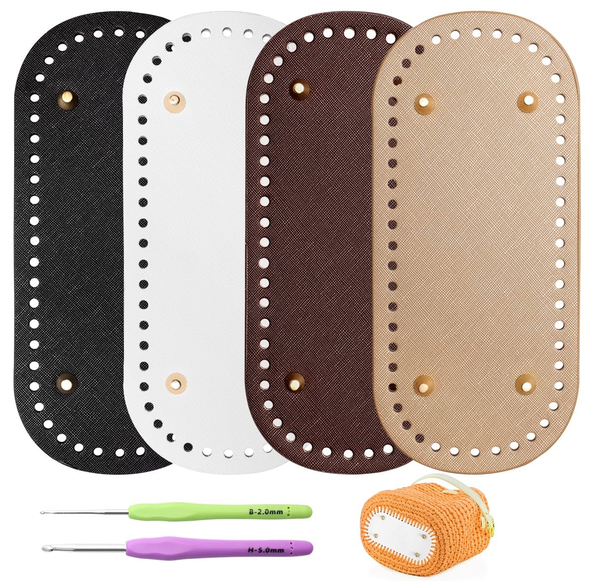 Four oval PU leather bag bases in black, white, brown, and tan, with two crochet hooks and a small orange crocheted bag.