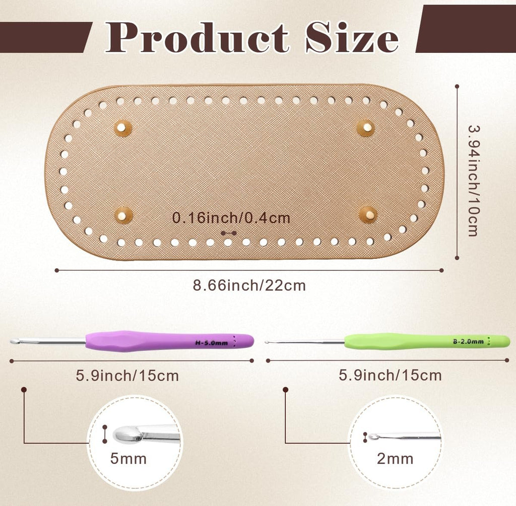 Oval PU leather bag base and two crochet hooks with size callouts