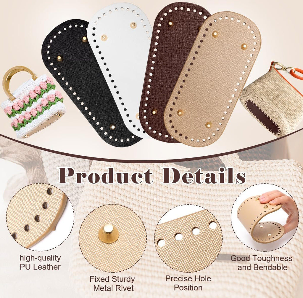 Four oval PU leather bag bases in black, white, brown, and tan, with pre-punched holes and metal rivets, shown with a crocheted bag and a straw bag.