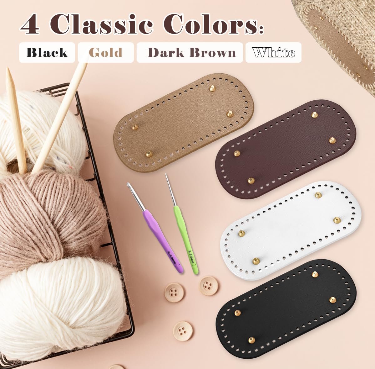 Four oval PU leather bag bases in black, gold, dark brown, and white, with crochet hooks and yarn.