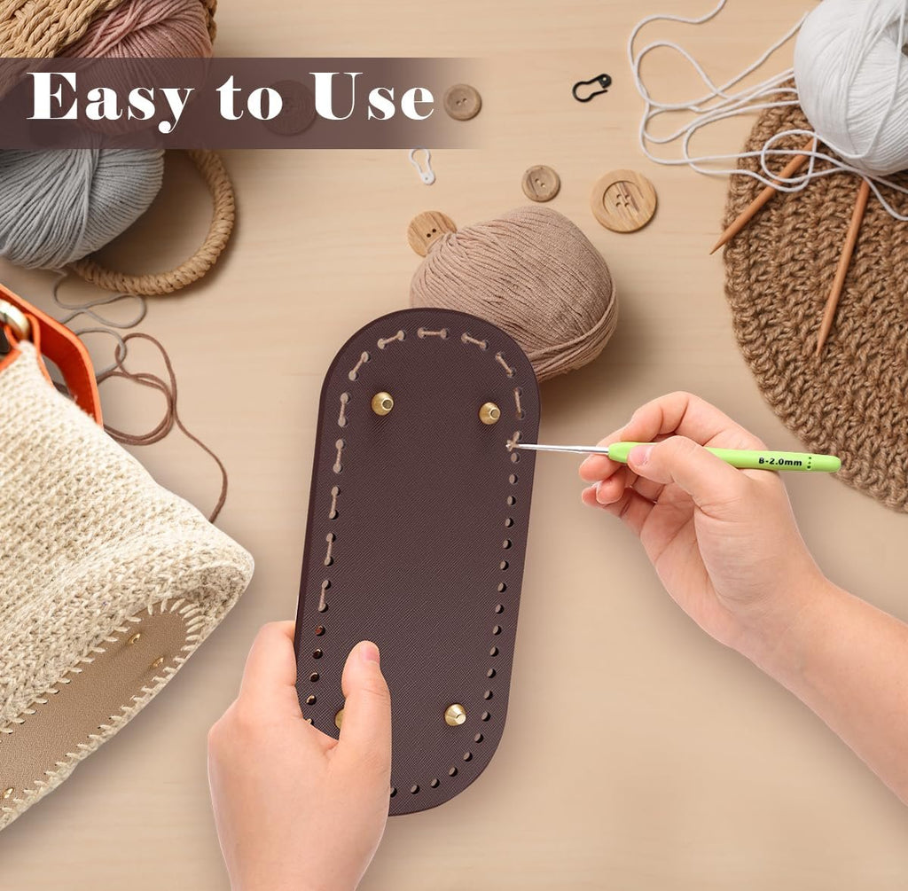 Hands crocheting a bag base with yarn and tools arranged around it