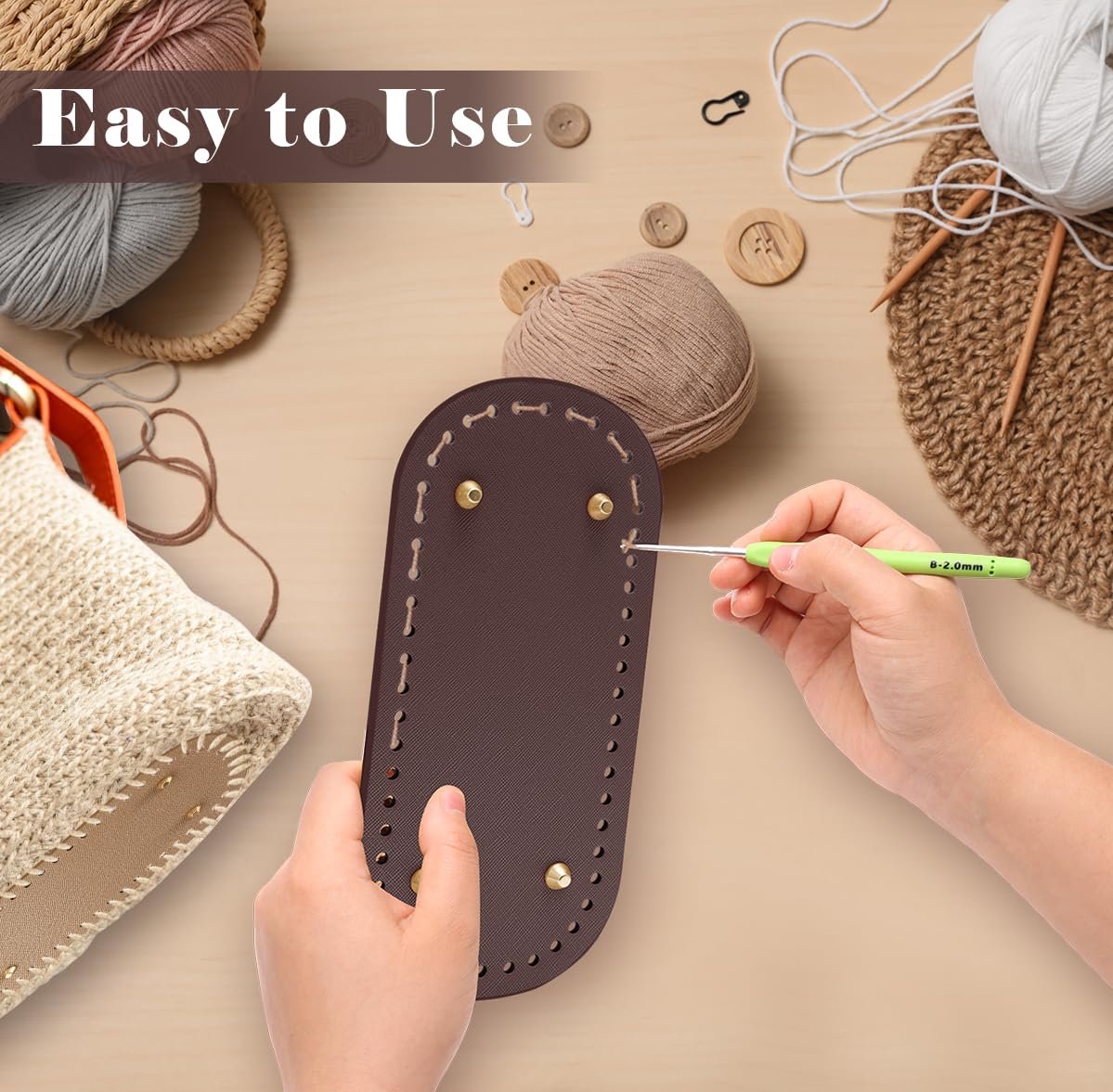 Hands crocheting a bag base with yarn and tools arranged around it