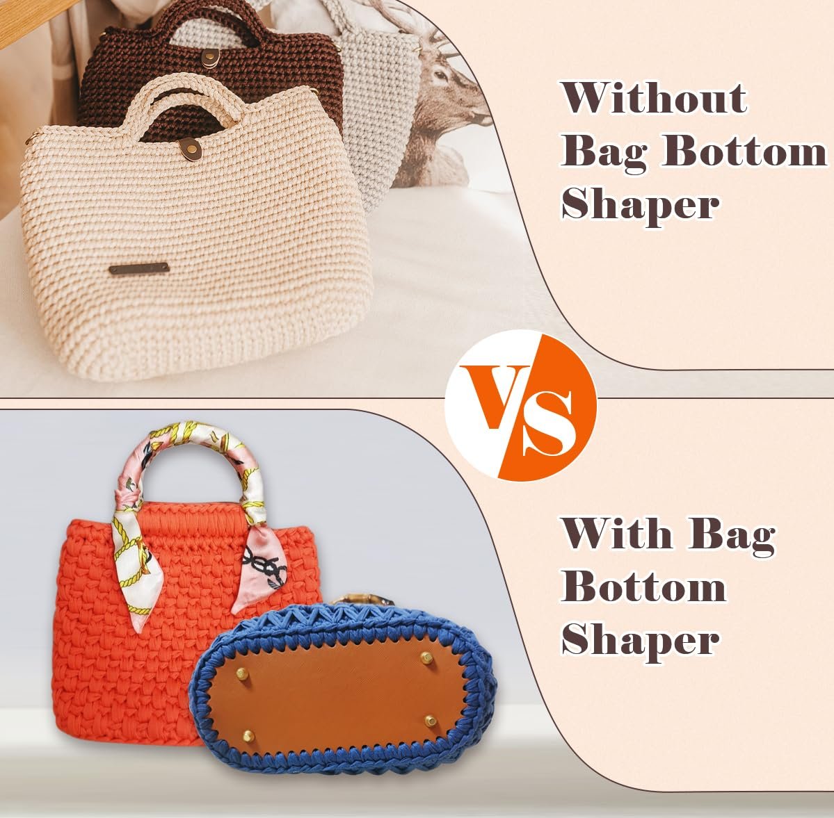 Comparison of crochet bags, one without a bottom shaper and one with a leather bottom shaper.
