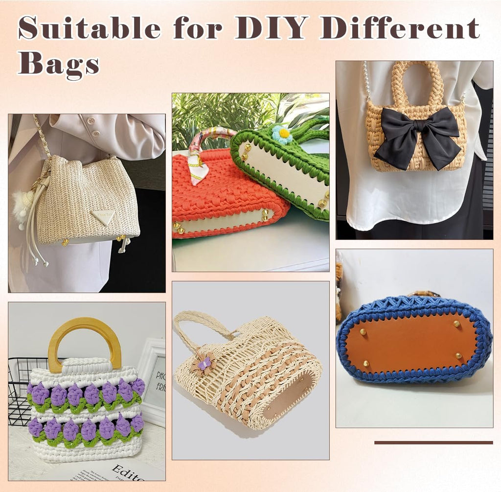 Collage of crocheted bags and bag bases, some with decorative elements and hardware.