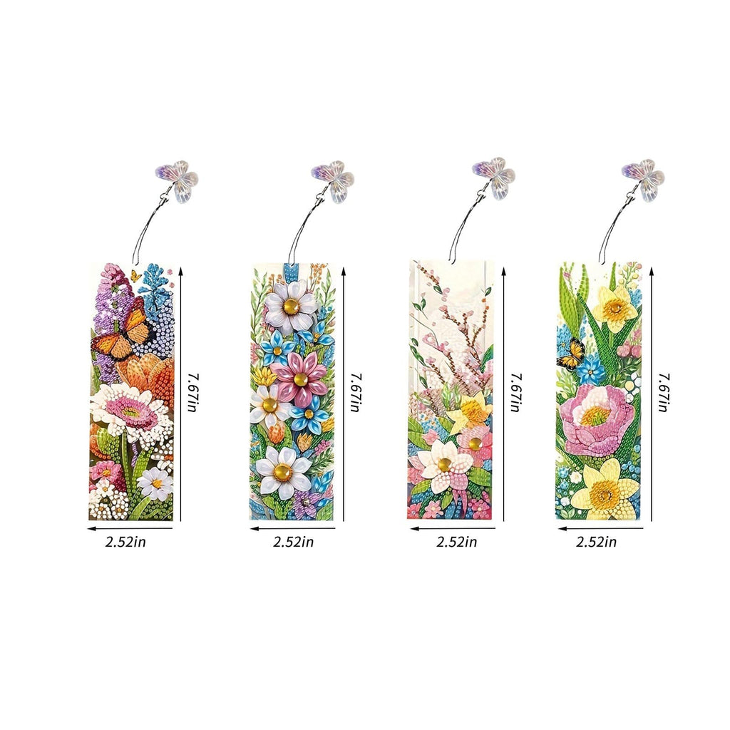 Four diamond art bookmarks with floral and butterfly designs, each with a tassel and size indicators.