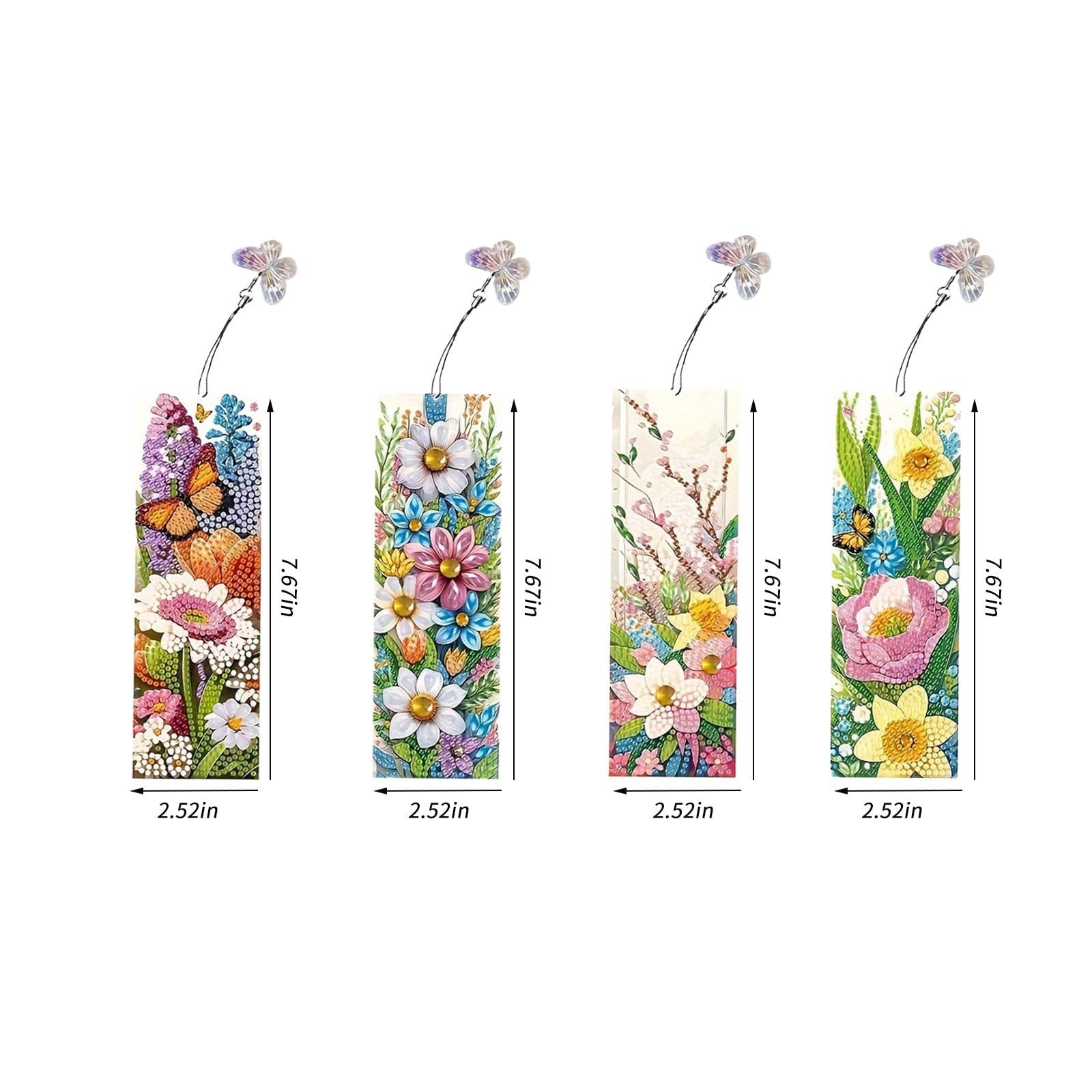 Four diamond art bookmarks with floral and butterfly designs, each with a tassel and size indicators.