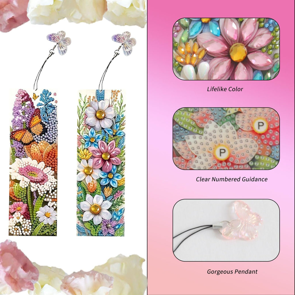 Diamond art bookmark kit with two floral designs, butterfly charm, and close-ups of the art and pendant.