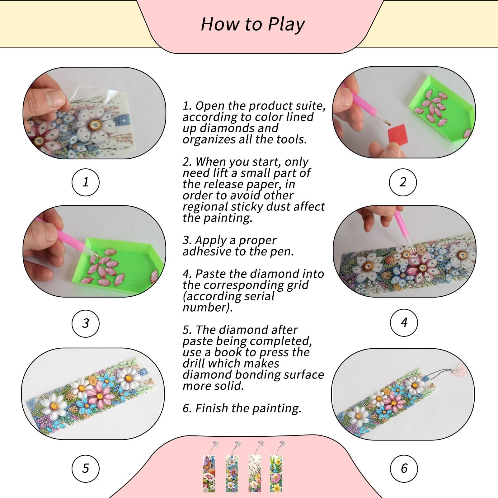 Diamond art bookmark kit instructions showing steps to apply diamonds to bookmark designs.