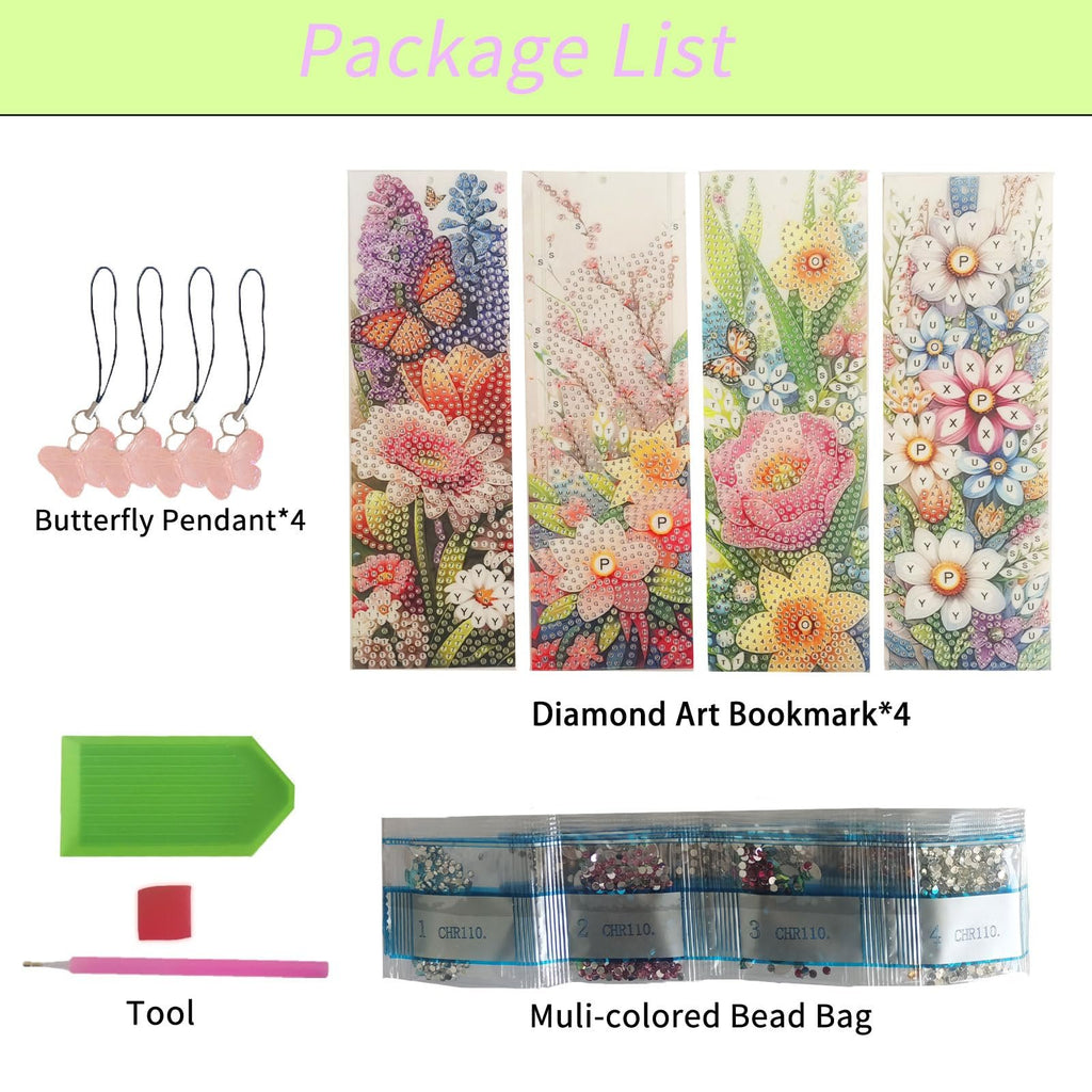 Diamond art bookmark kit package contents: four butterfly pendants, four diamond art bookmarks, tool, and multi-colored bead bags.