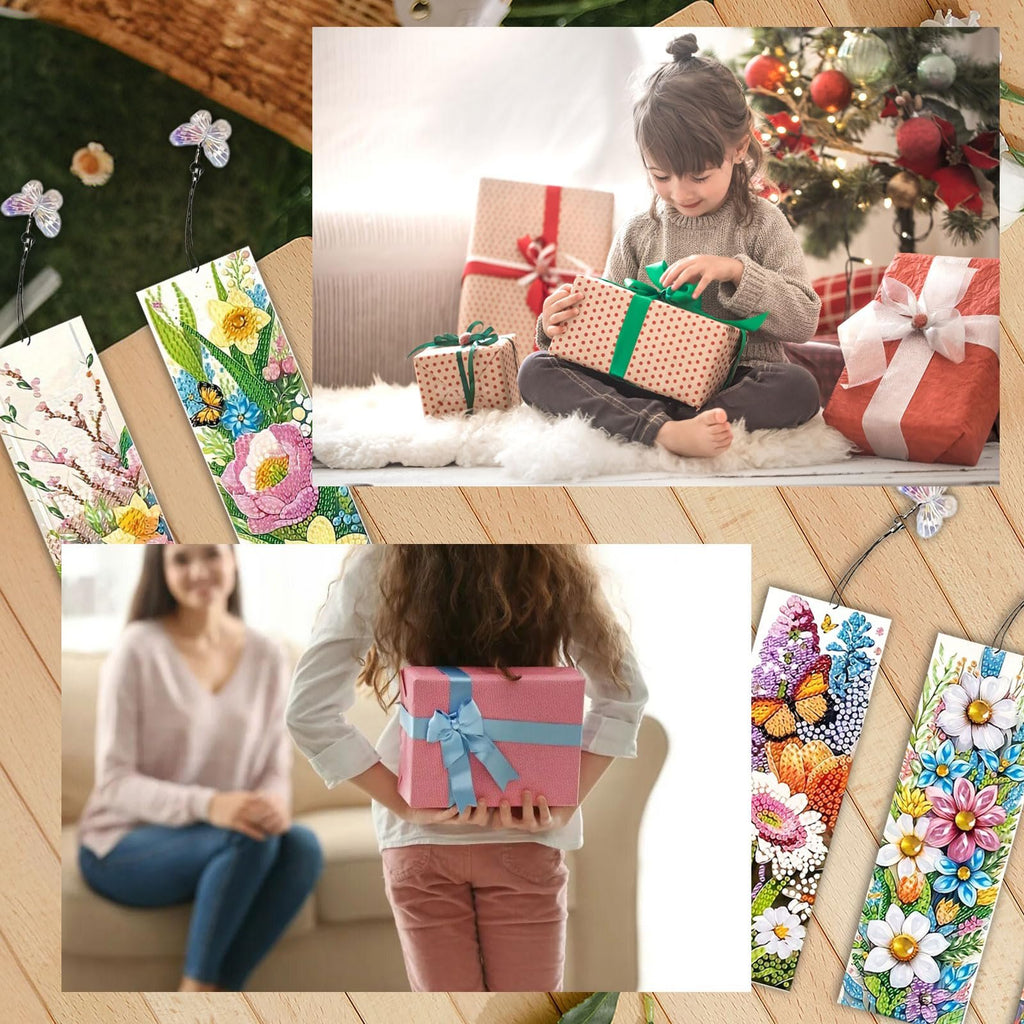 Collage of diamond art bookmarks and holiday gift-giving scenes. Diamond art bookmarks feature floral and butterfly designs with tassels. A young girl opens a gift near a Christmas tree, and another child hides a gift behind their back.
