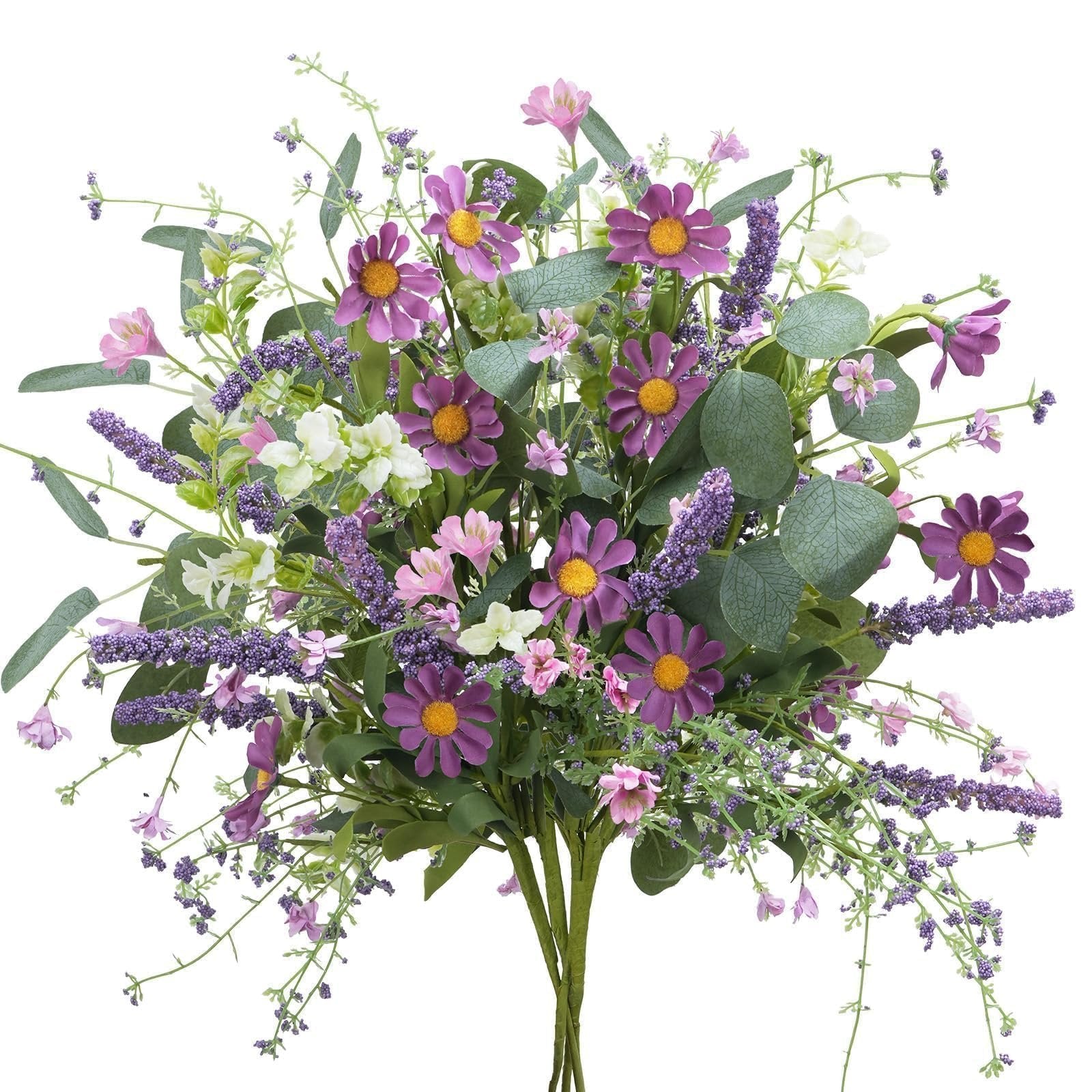 Artificial spring flower bouquet with purple daisies, lavender sprigs, and eucalyptus leaves on a white background.