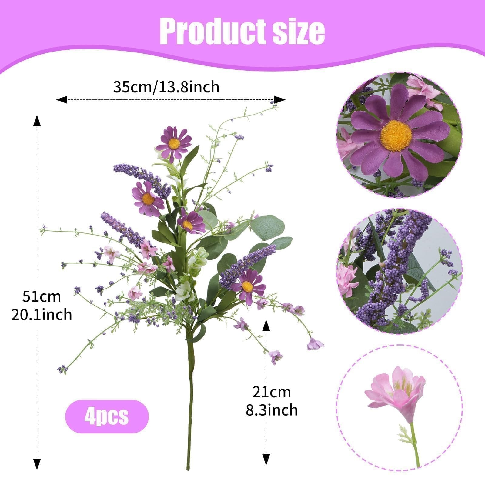 Artificial spring flower bouquet with purple daisies and lavender stems, showing dimensions and close-ups of flowers.