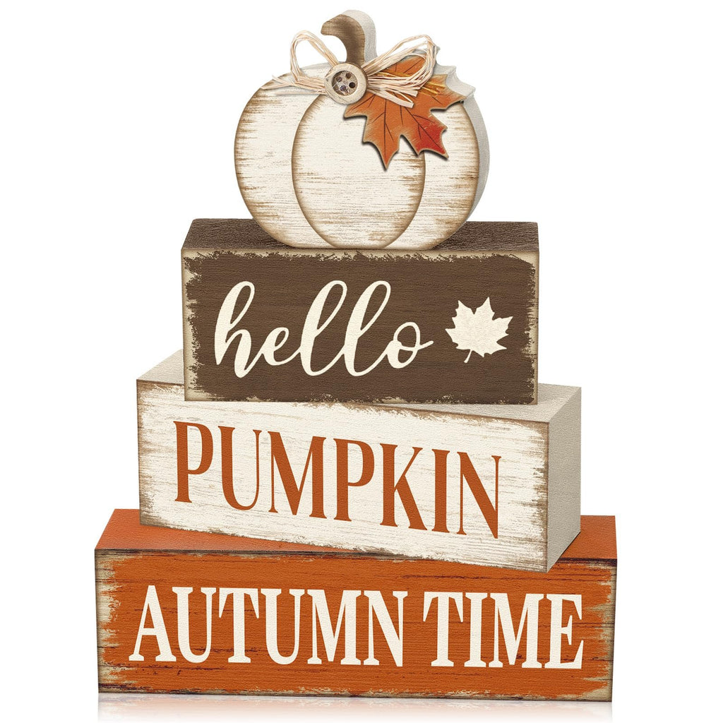 Stacked wooden blocks with autumn-themed text and a pumpkin topper, isolated on white.