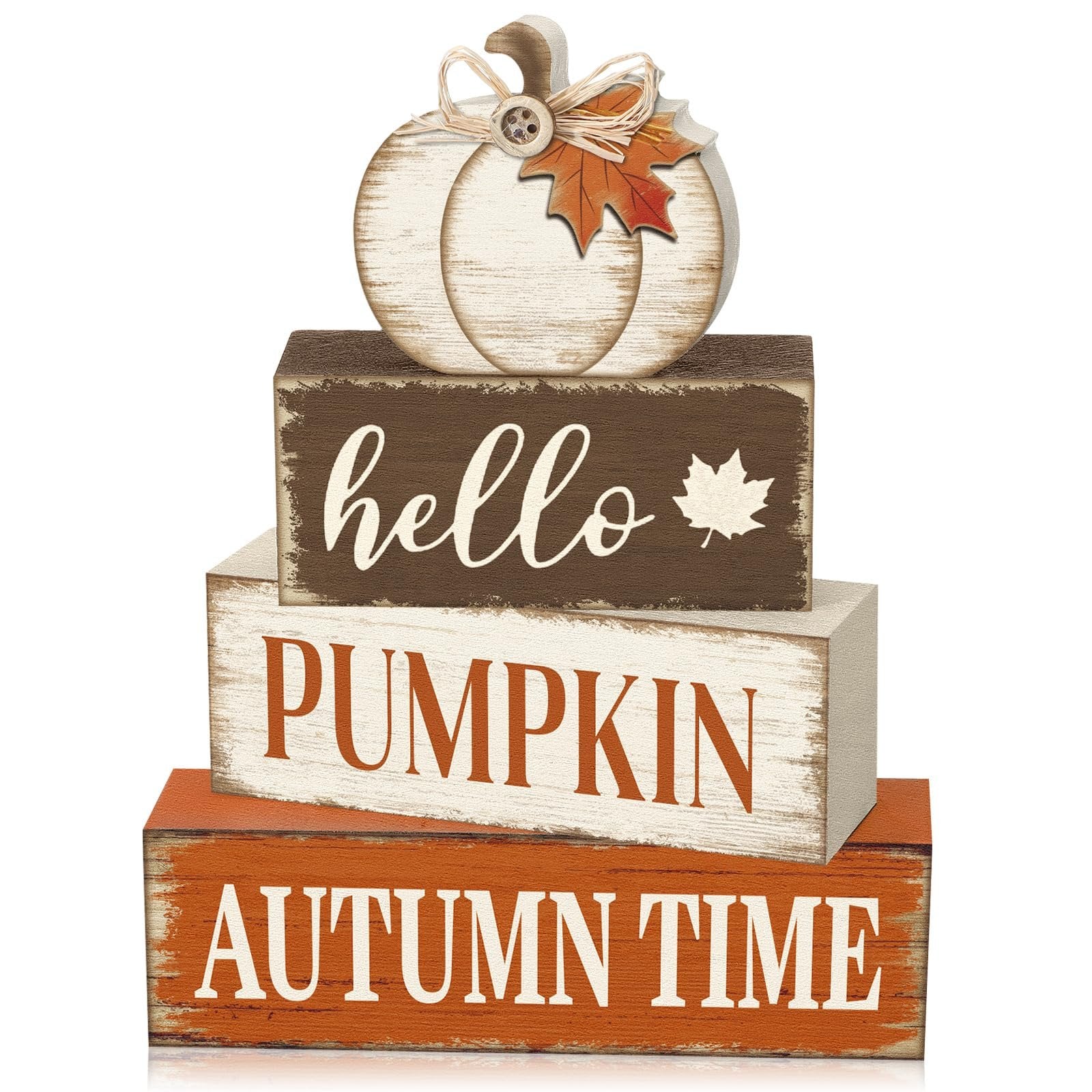 Stacked wooden blocks with autumn-themed text and a pumpkin topper, isolated on white.