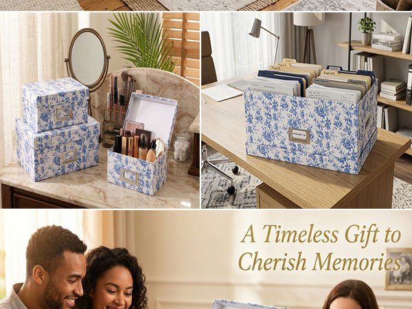 Collage of blue and white floral storage boxes on a vanity and desk, and a couple looking at a screen.