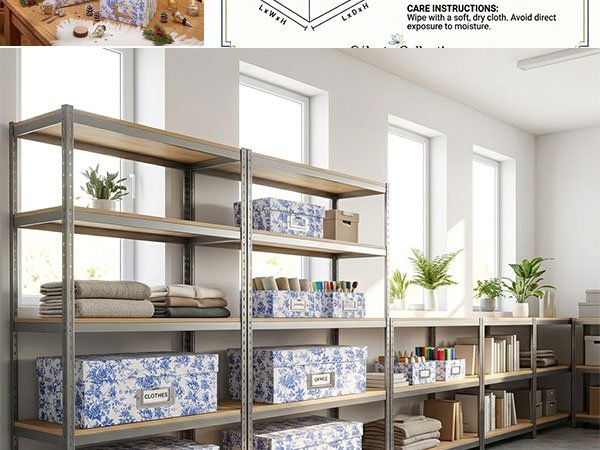 Four blue and white patterned storage boxes with lids on metal shelving units in a room with windows.