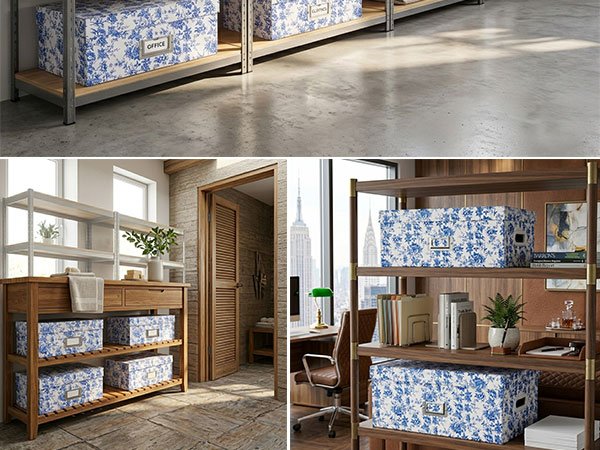 Four blue and white porcelain storage boxes with lids on shelves in a home office and laundry room setting.