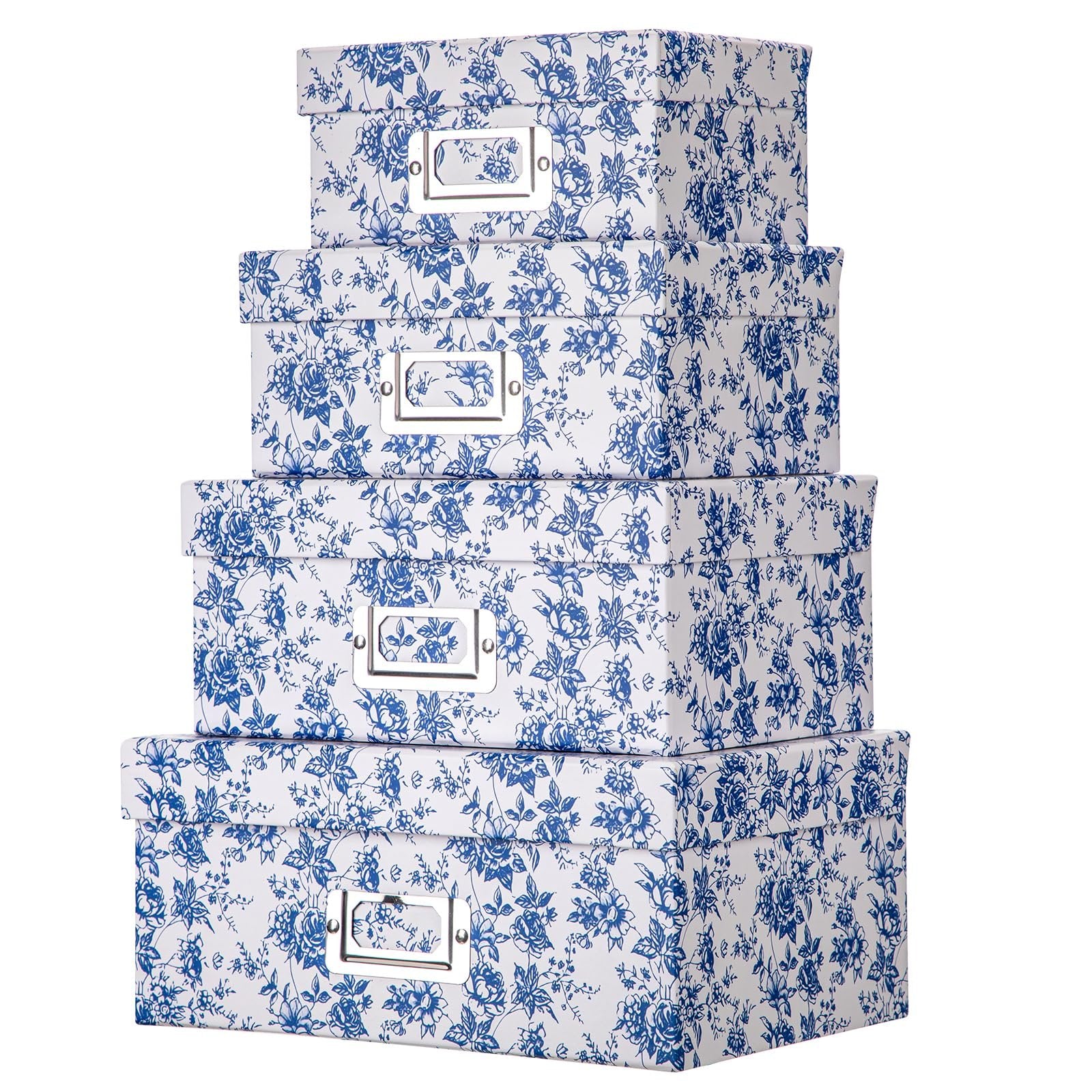 Stack of four blue and white floral patterned storage boxes with silver label holders.