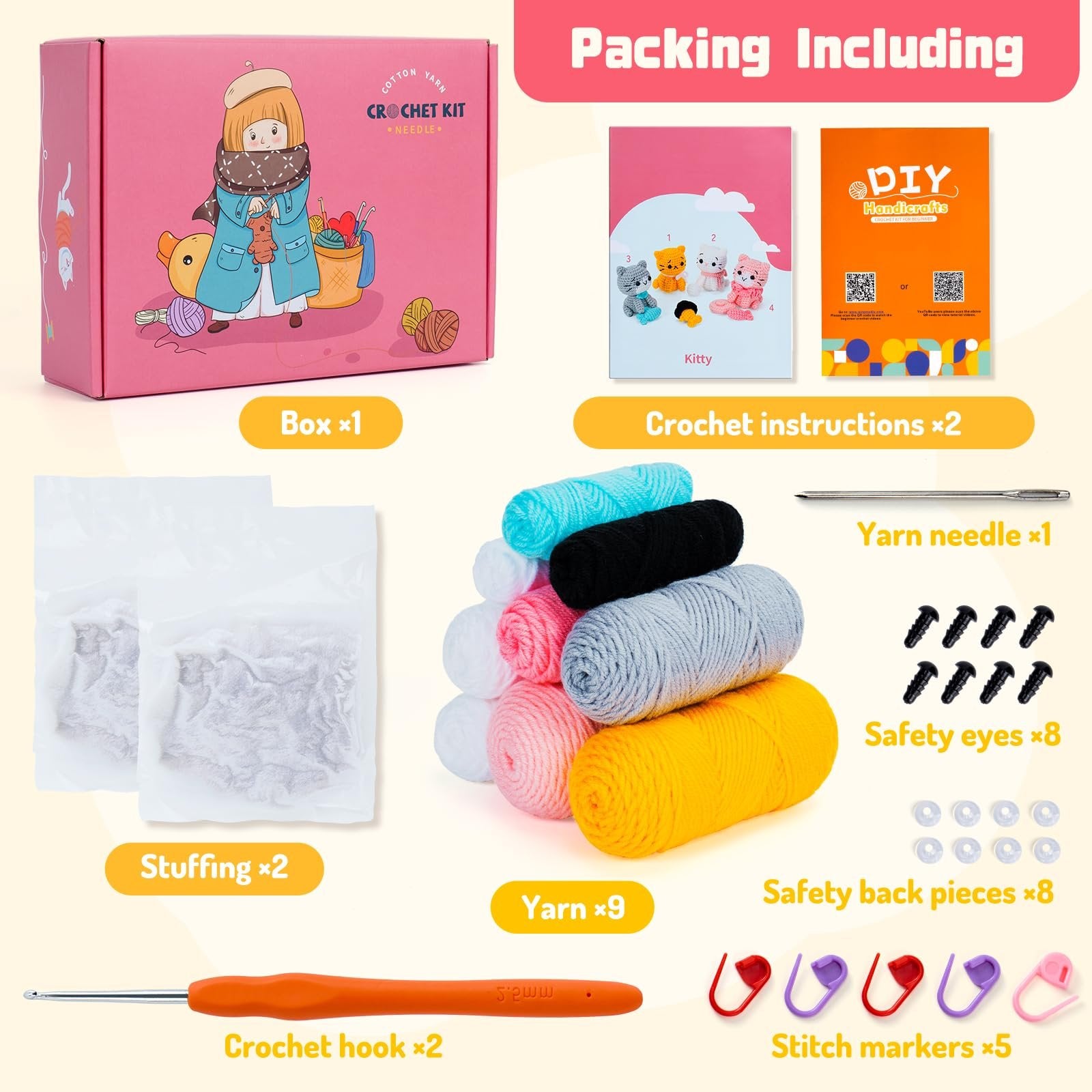 Cat crochet kit contents including yarn, stuffing, crochet hook, needle, safety eyes, and stitch markers.