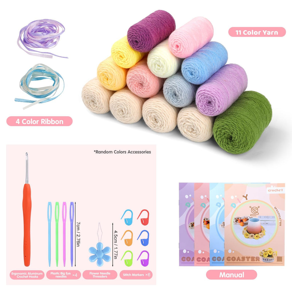 Crochet kit contents including yarn, ribbon, hooks, needles, threaders, stitch markers, and manual.